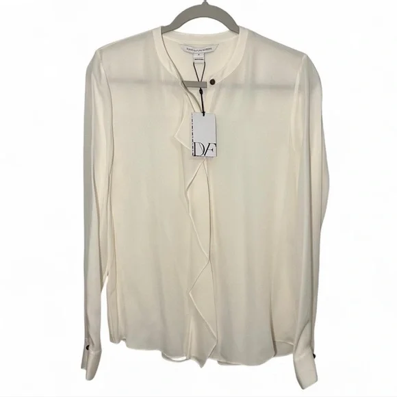 Diane Von Furstenberg Size 8 Silk Ivory Blouse with Ruffle - Picture 1 of 8
